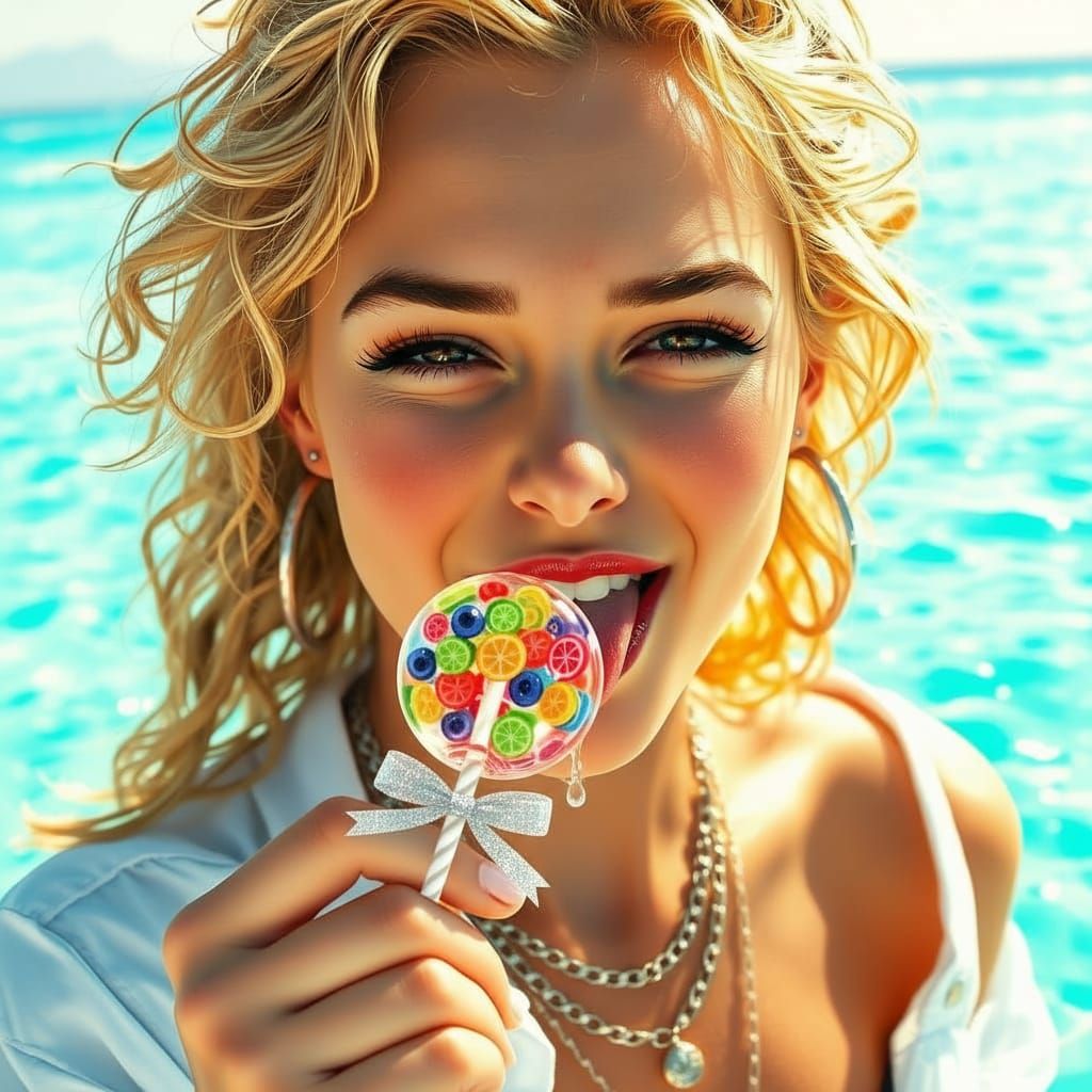 Young Woman Winking with Lollipop at Beach