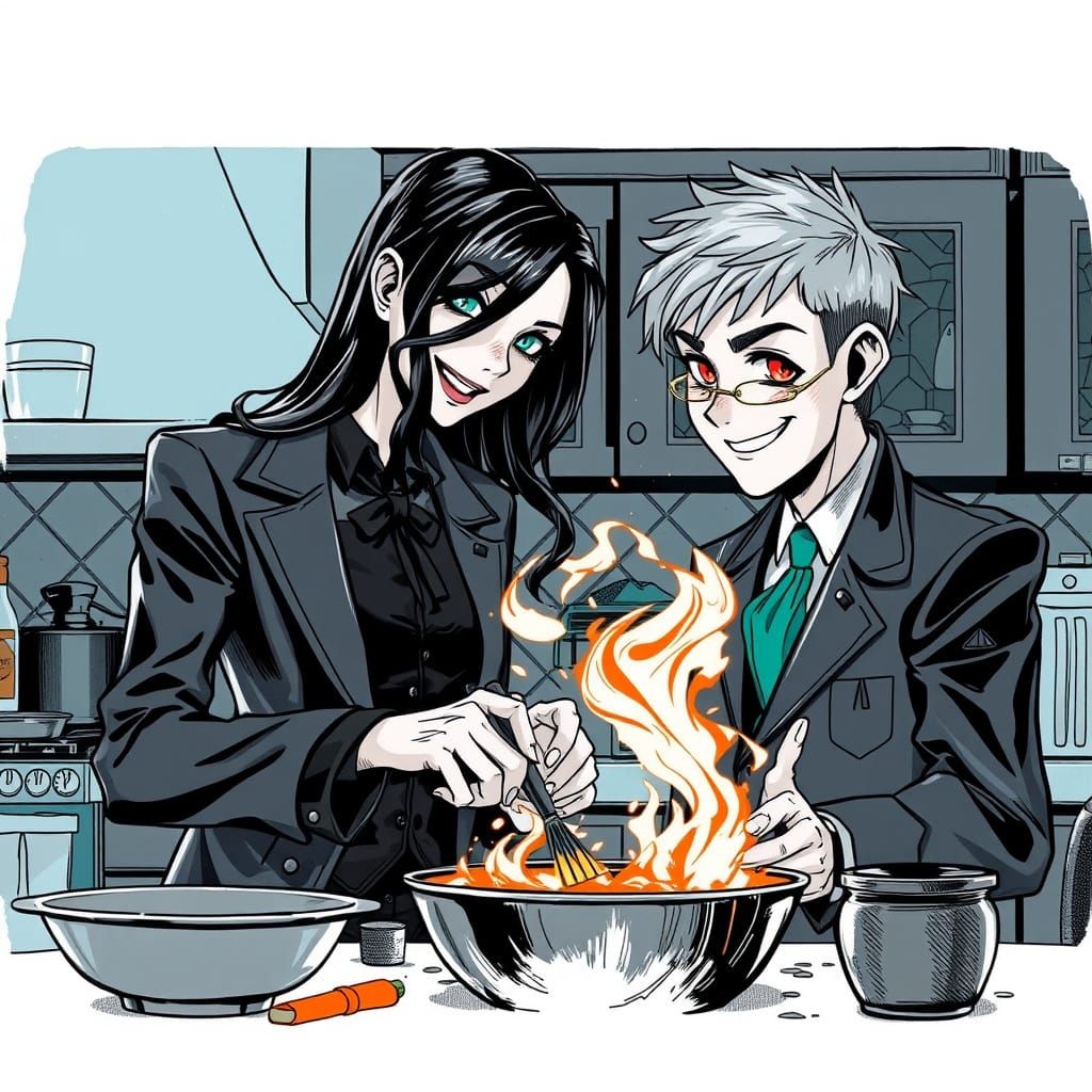 Ethereal Gothic Couple Cooking in Ink Line Art Style