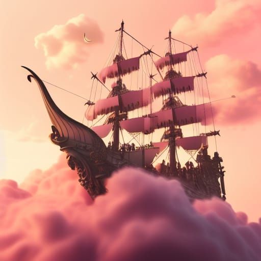 Pirate Ship Soaring on Pink Clouds: Fantasy Art