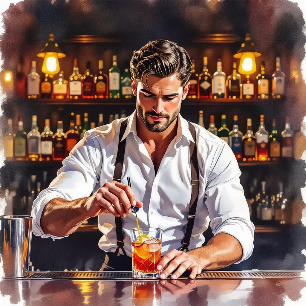 Watercolor Bartender in 1920s Speakeasy
