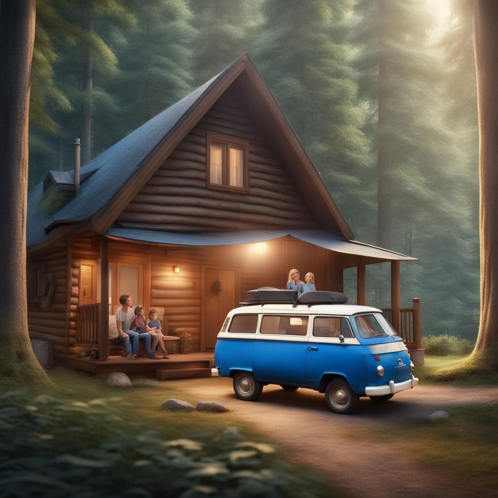Family Arrives at Cozy Cabin in Matte Painting
