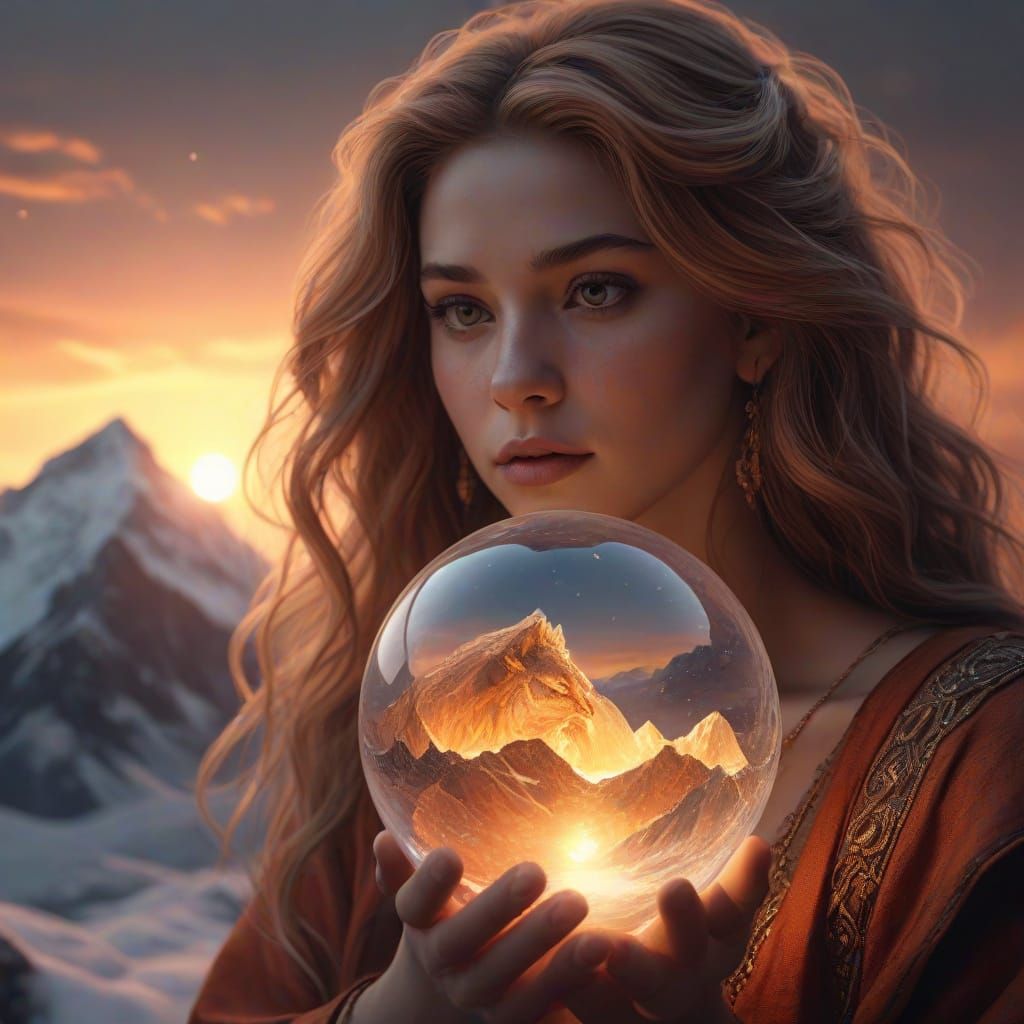 Majestic Lion Illuminated by Starlight atop Snow-Capped Moun...