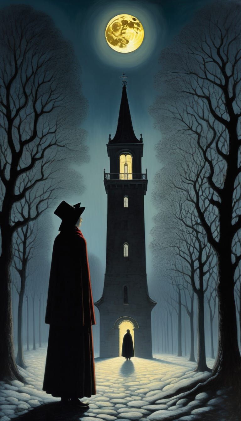 Ladies of the Moonlit Bell Tower in a Dreamlike Landscape