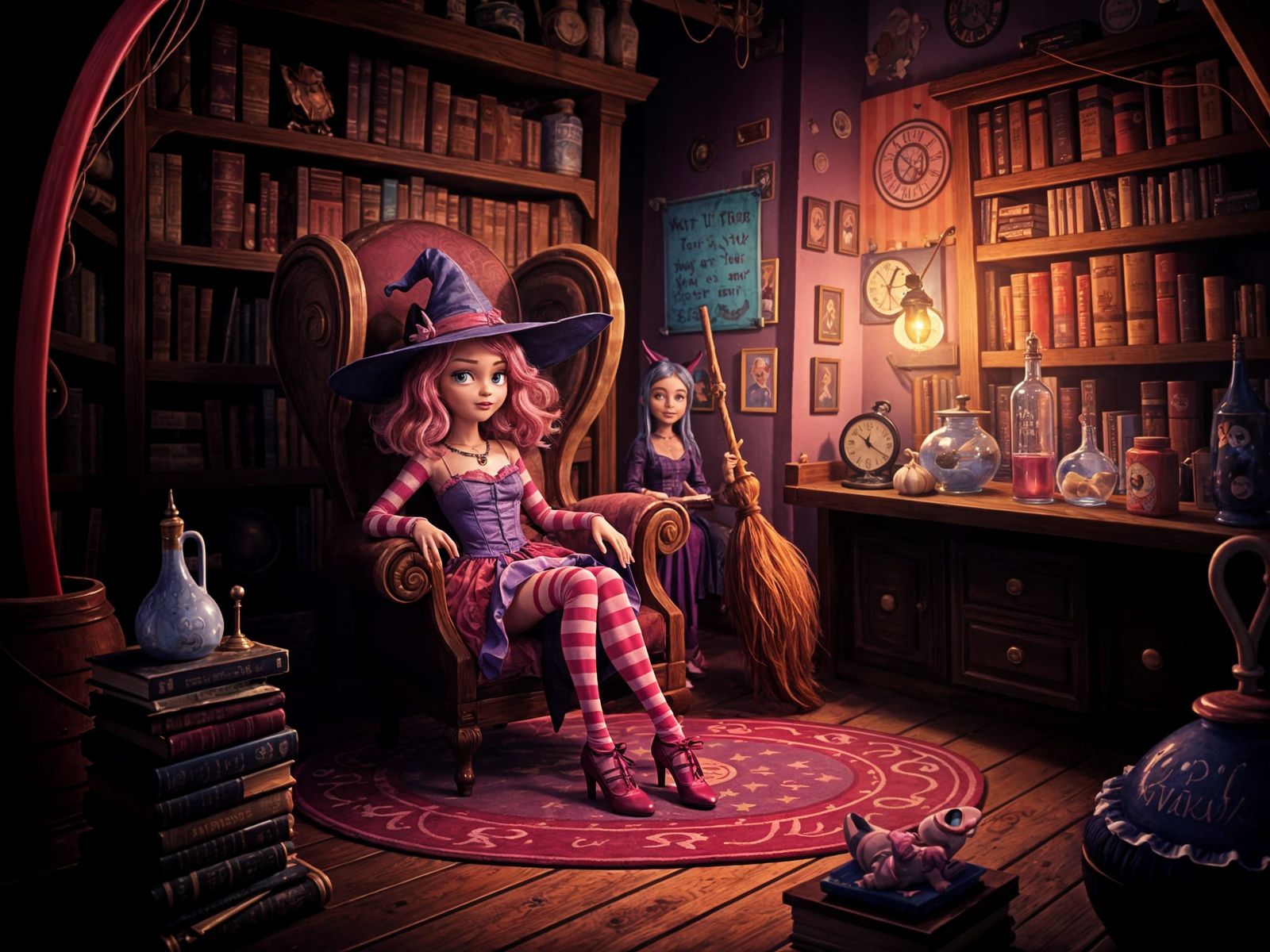 Magical Barbie-Style Witch in Her Whimsical Pink Boudoir