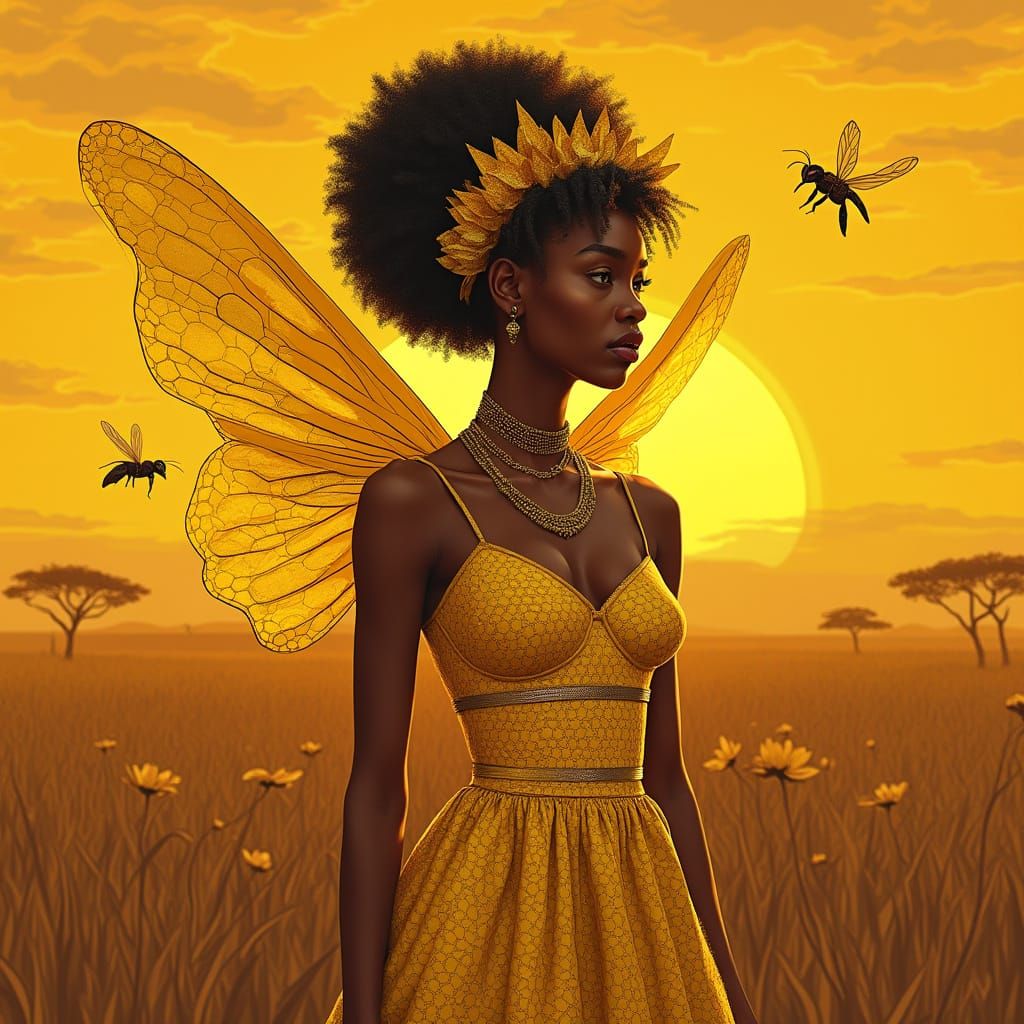 Queen Bee Woman in Afrofuturist Savannah