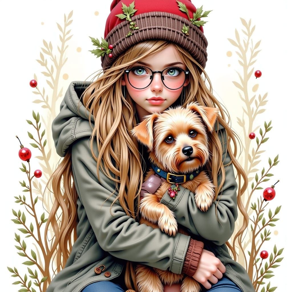 Watercolor Girl Hugs Yorkshire Terrier with Winter Fantasy V...