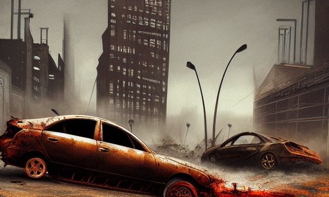 Sinister Wrecked Car in Burning City
