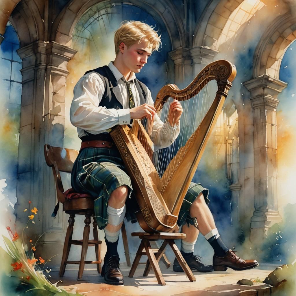 Young Harpist in Scottish Kilt: Fantasy Art