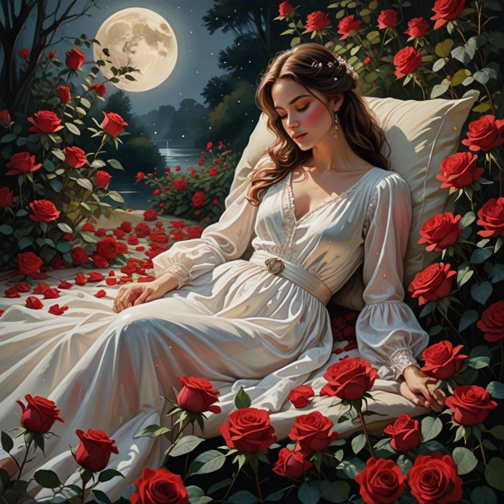 Woman in a Moonlit Garden of Roses
