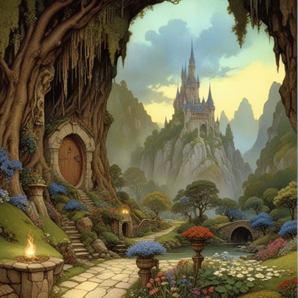 Enchanted Rivendell Shire Landscape with Glowing Flora