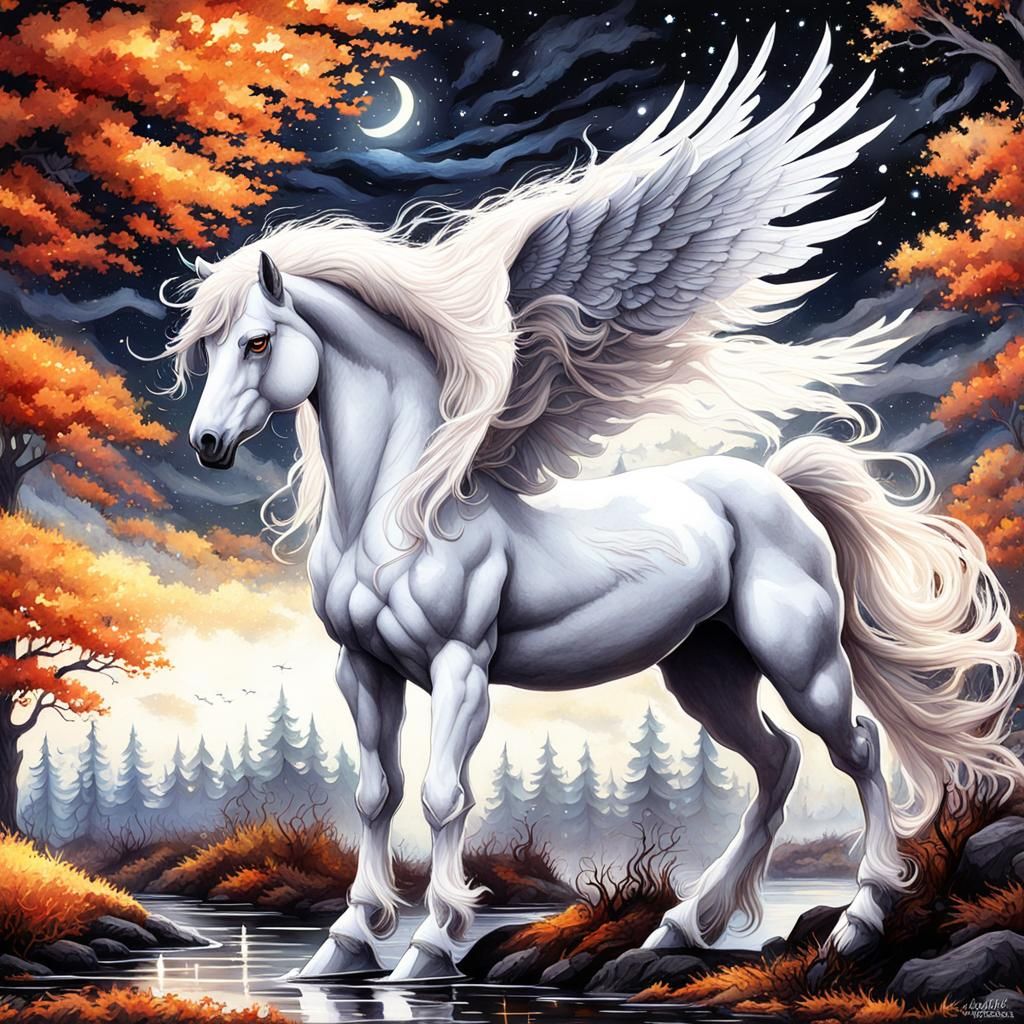 White Pegasus Stallion in Watercolor Gothic Style