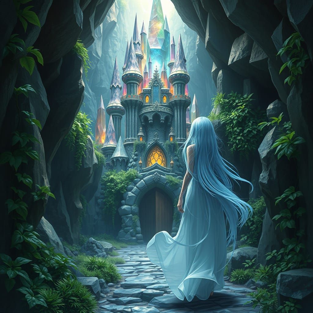 Mystical Crystal Castle in a Lush Cavern