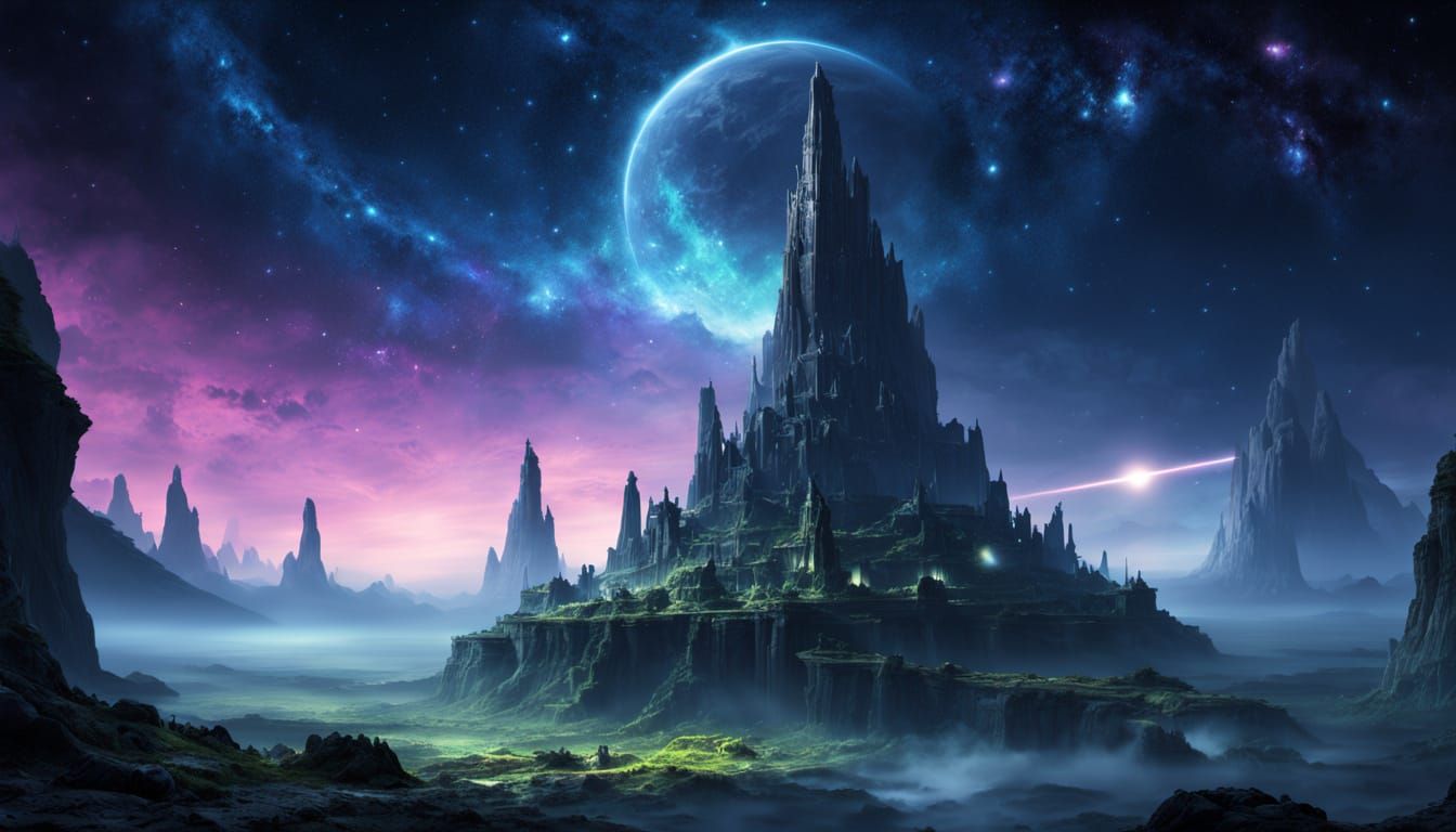 Floating Ancient City in Cosmic Void