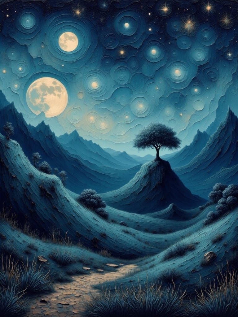 Starry Night Over Rolling Hills with Ancient Oak