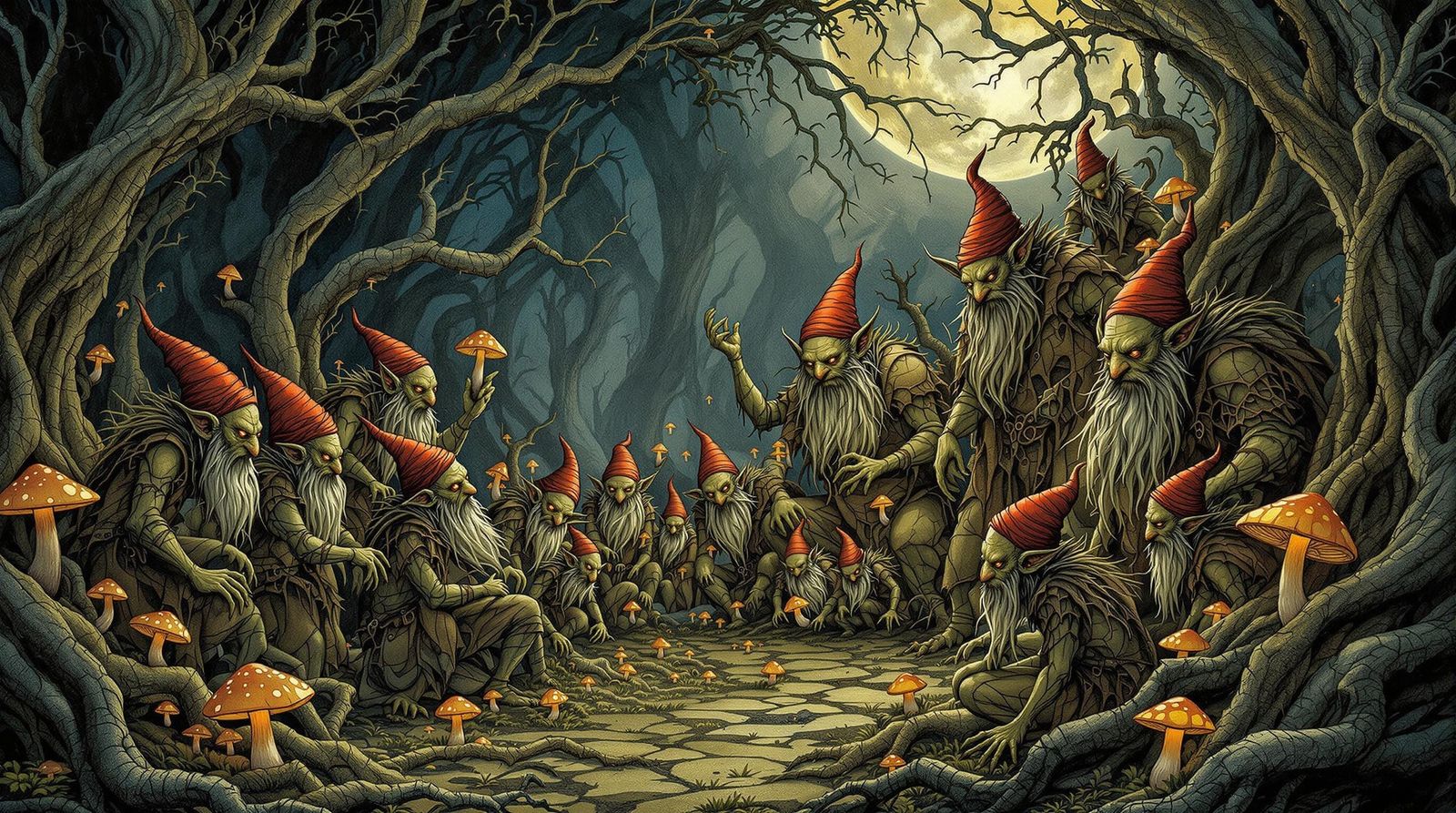 Whimsical Gathering of Red-Capped Men and Mystical Creatures...