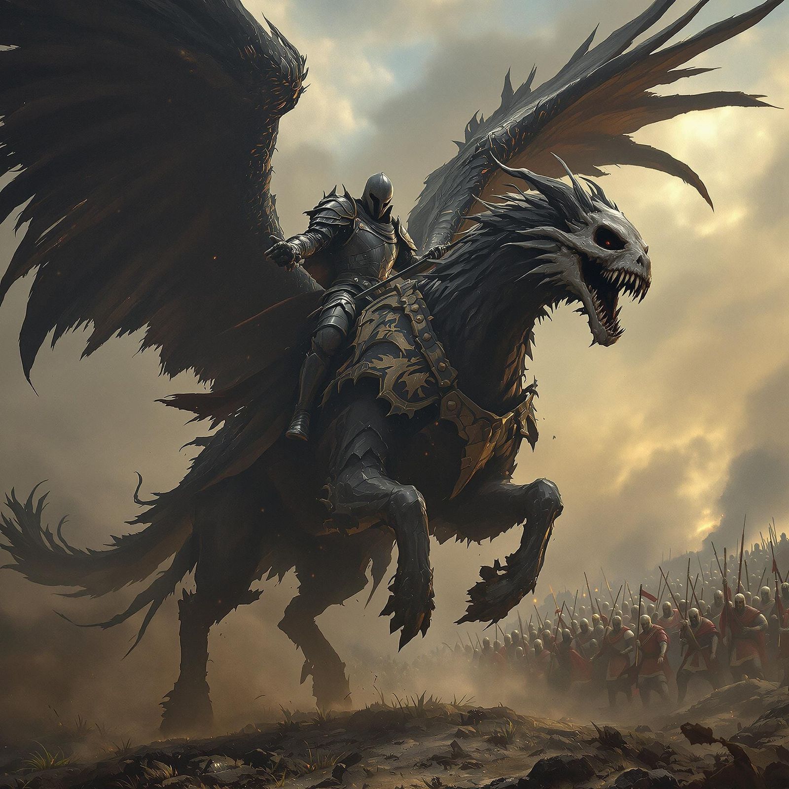 Dark Fantasy Knight on Undead Griffon Battles Ancient Sparta...