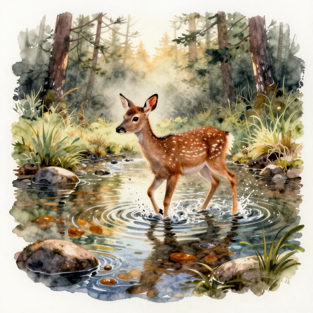 Watercolor Fawn Steps into Forest Stream