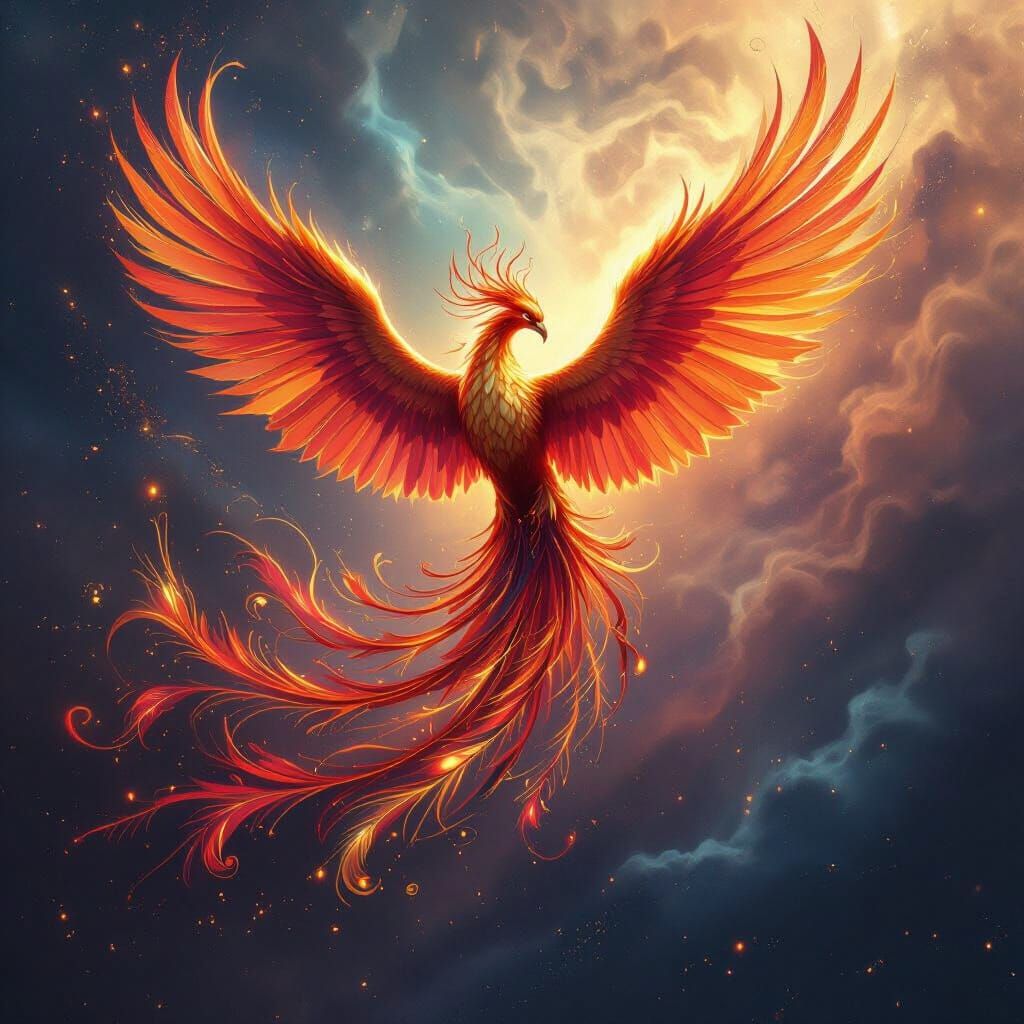 Majestic Phoenix Rising from Ashes in Nebula