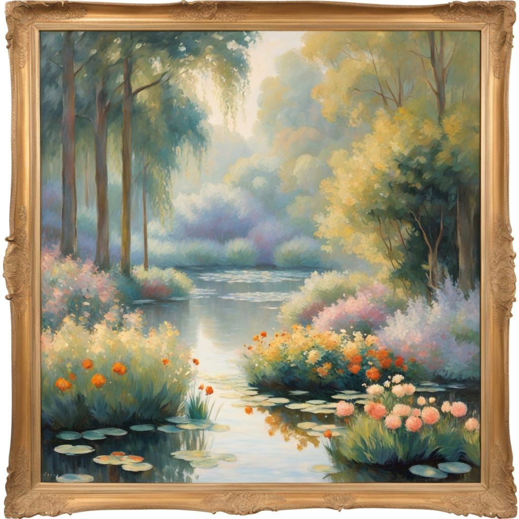 Dreamy Impressionist Garden Scene with Soft Light and Water ...