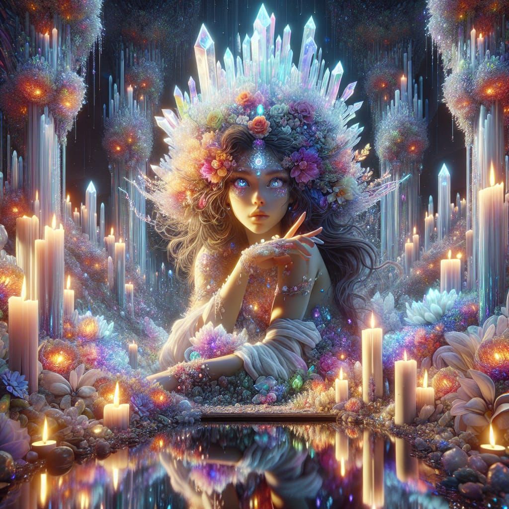 Goddess in Crystal Temple: Digital Art Masterpiece