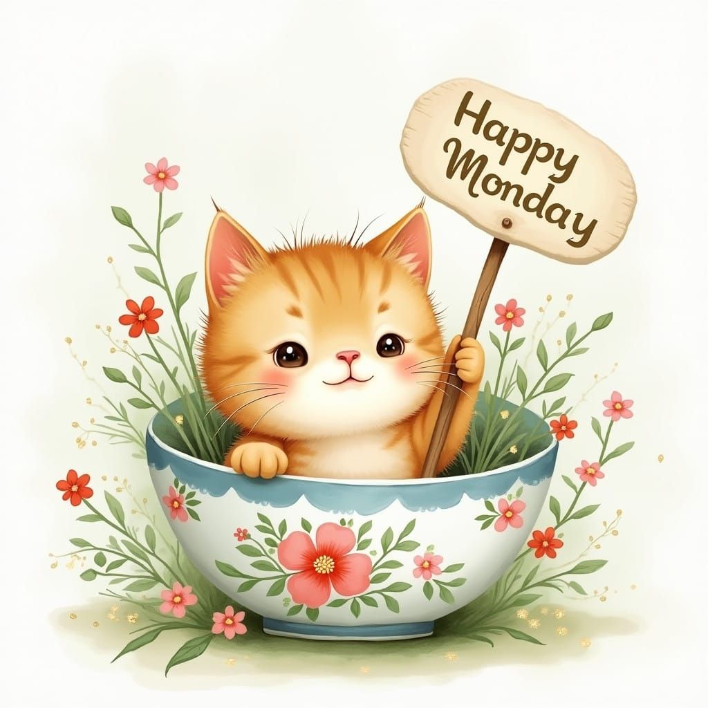 Whimsical Kitty in Floral Bowl Wishes Happy Monday