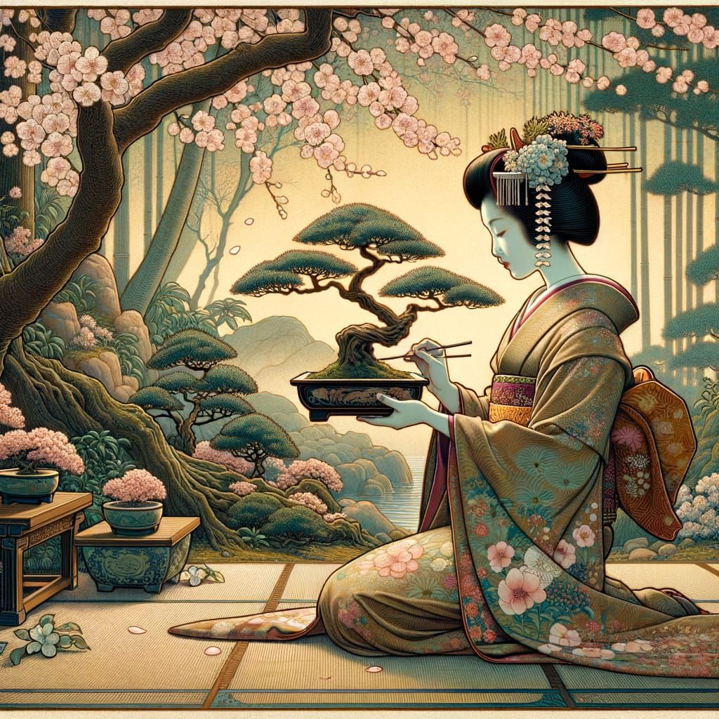 Geisha Nurturing Bonsai in Art Nouveau Garden