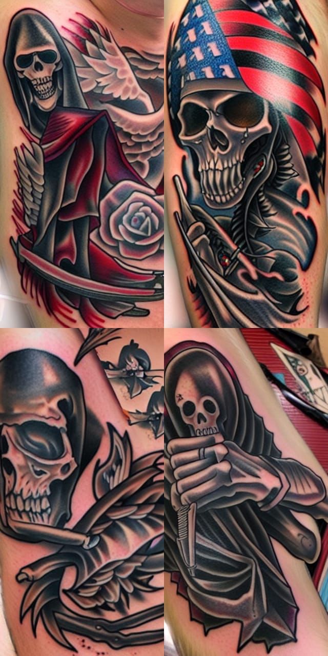 Sad Reaper in American Traditional Tattoo Style