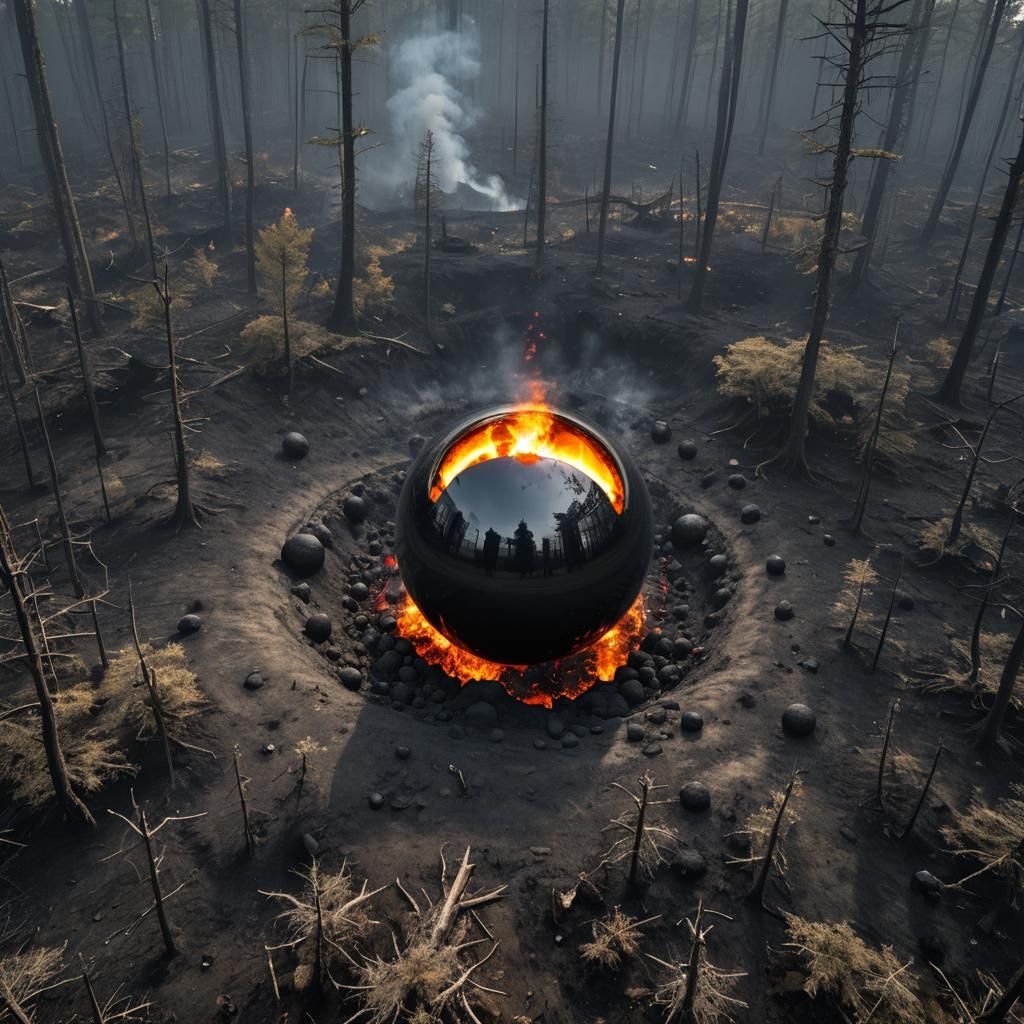 Burning Black Sphere in Apocalyptic Forest Crater
