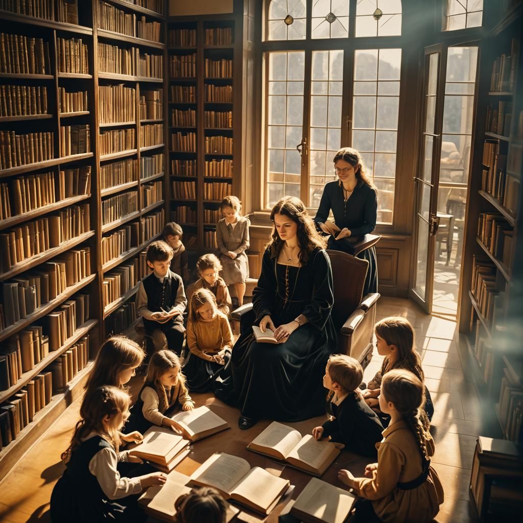 Renaissance Library Scene with Teacher and Children