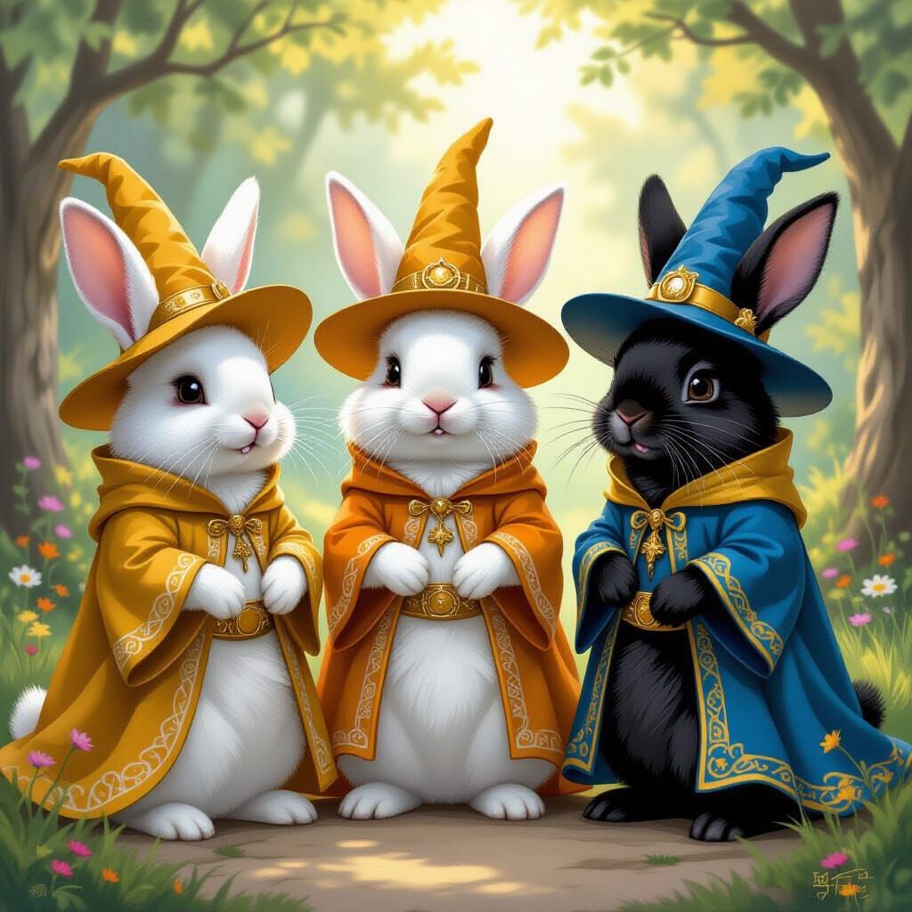 Wizard Rabbits in a Whimsical Fantasy Scene