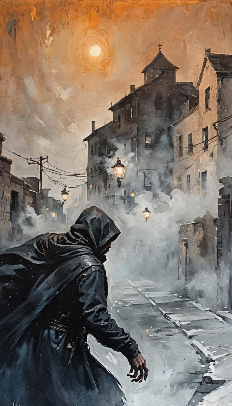 Dark Hooded Figure in Alleyway: Oil Painting