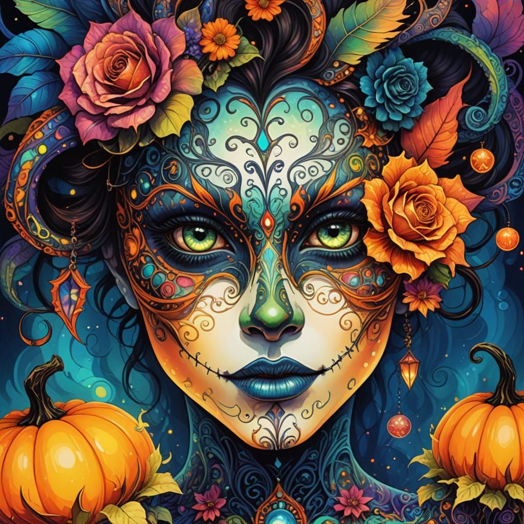 Psychedelic Demon in Surreal Landscape, Ornate Linework