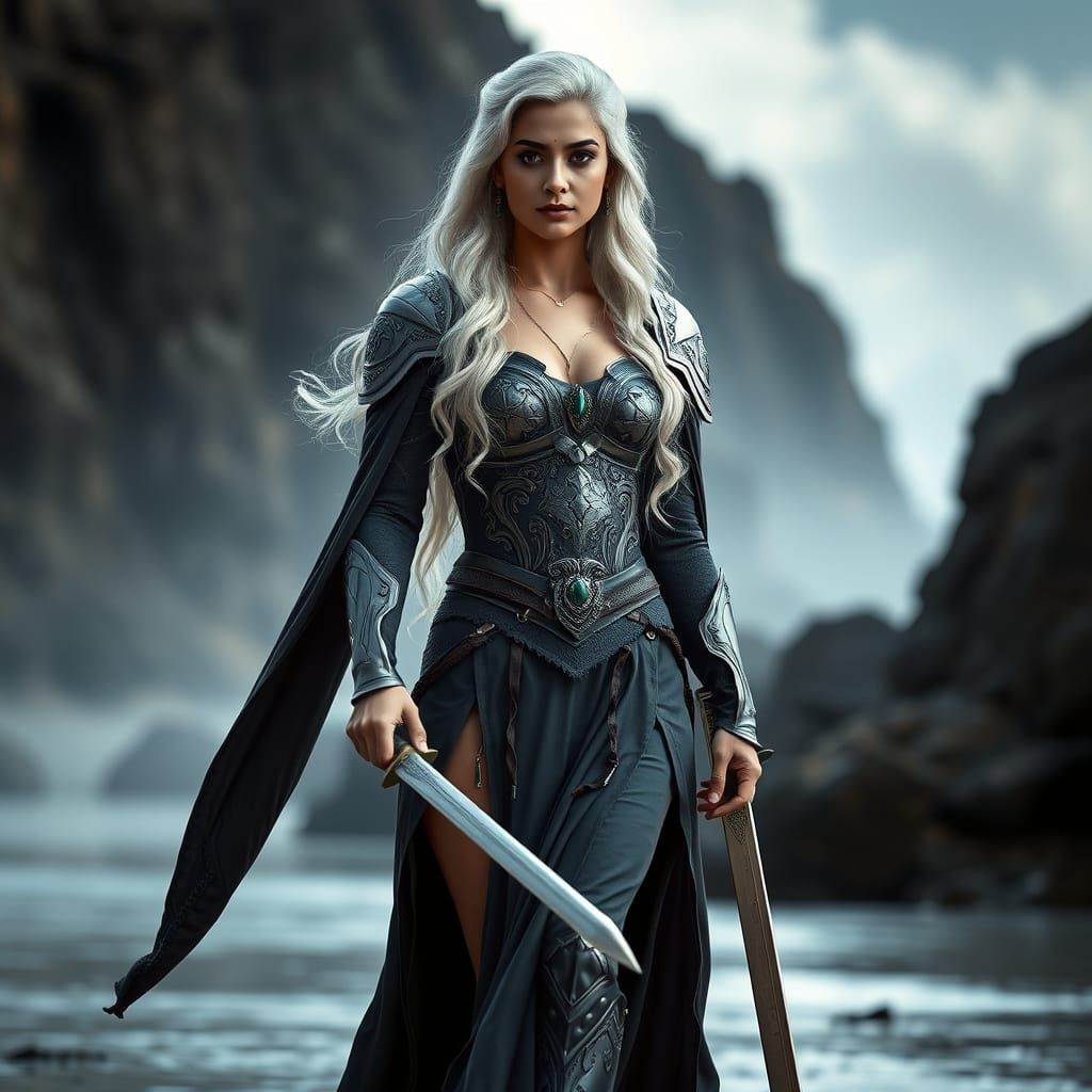 Regal Fantasy Warrior in Gothic Coastal Setting