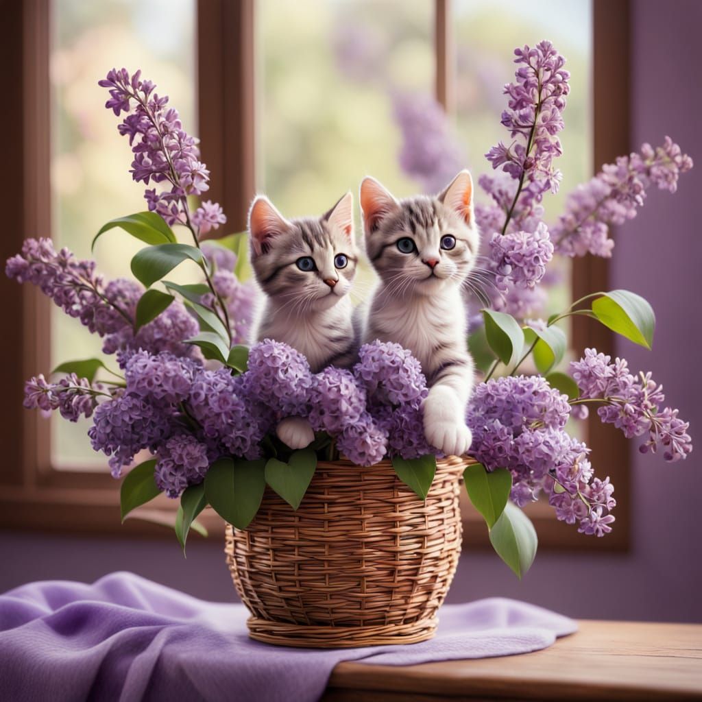 Whimsical Disney-Inspired Kitten Scene with Lilacs
