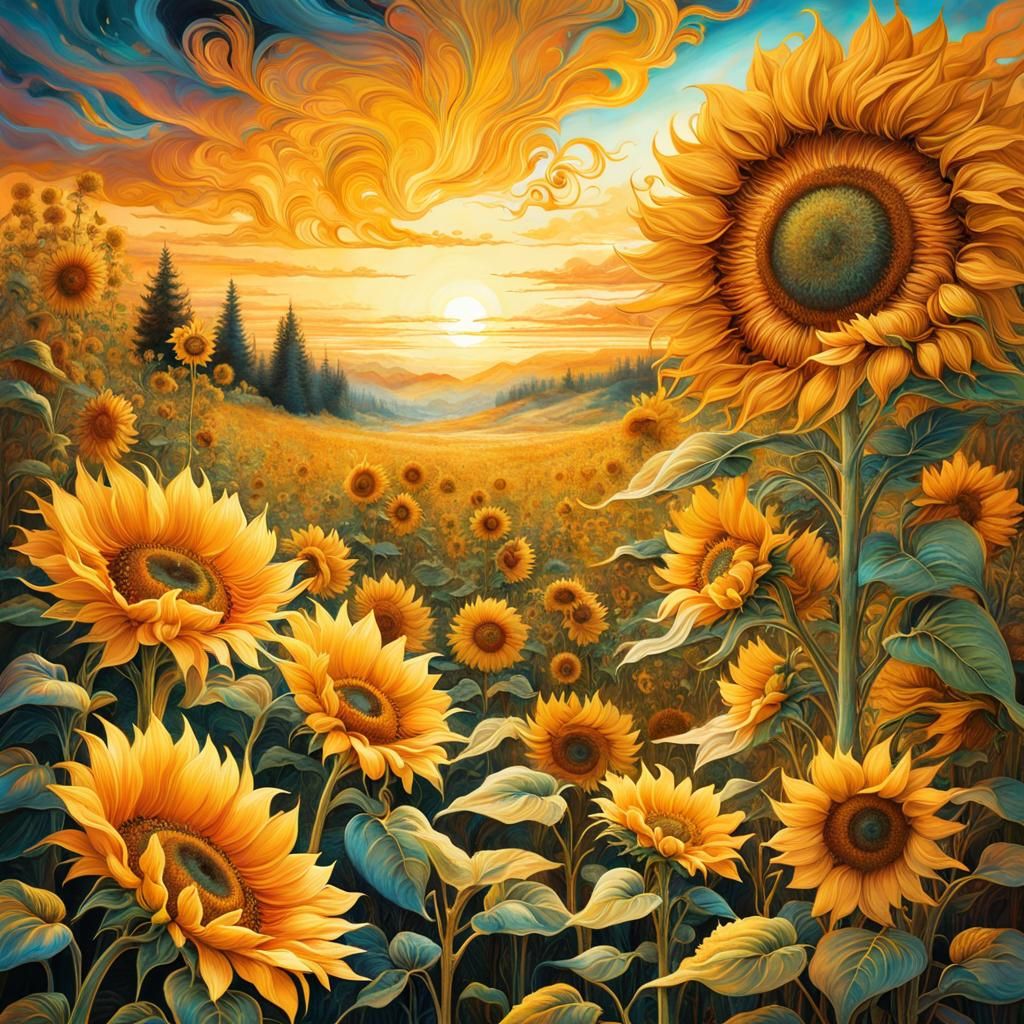 Golden Sunflowers Field at Sunset: Fantasy Digital Art