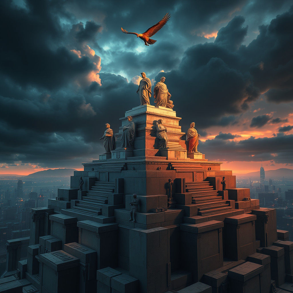 Classical Statues Meet Futuristic Cityscape in Digital Art