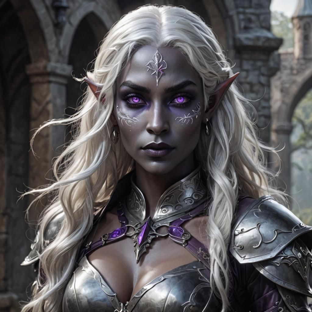 photorealistic image of a female drow, elf, (grey skin: 1.4), wearing tight leather armour, long white wavy hair, viole...