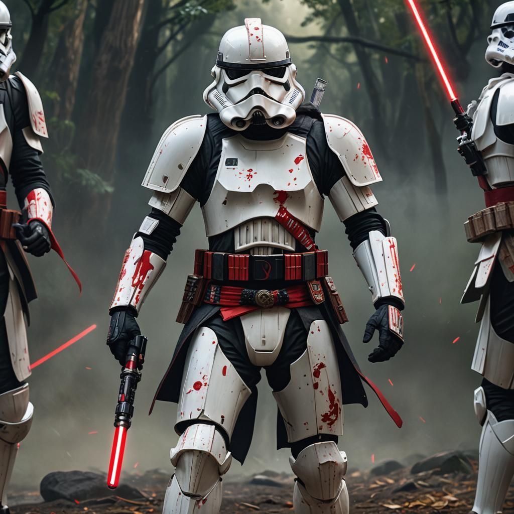 samurai stormtrooper armed only with a red lightsaber,  no helmet on portrait of pedro pascal , hyper detailed, photorea...