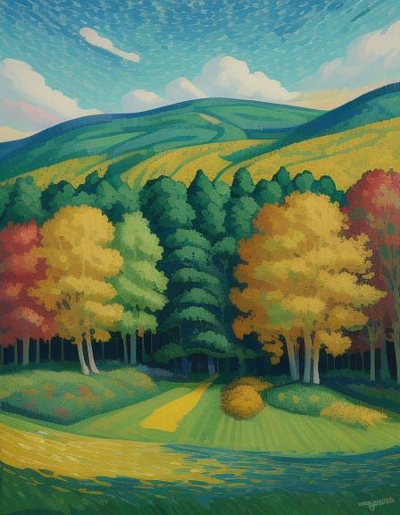 Vibrant Village Scene in Post-Impressionist Style