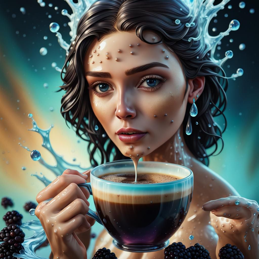 Bioluminescent Coffee with Humanoid Woman, 3D Render