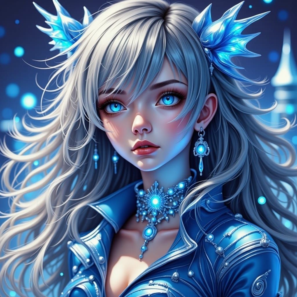 Metallic-Eyed Figure with Alluring Smirk in Electric Light