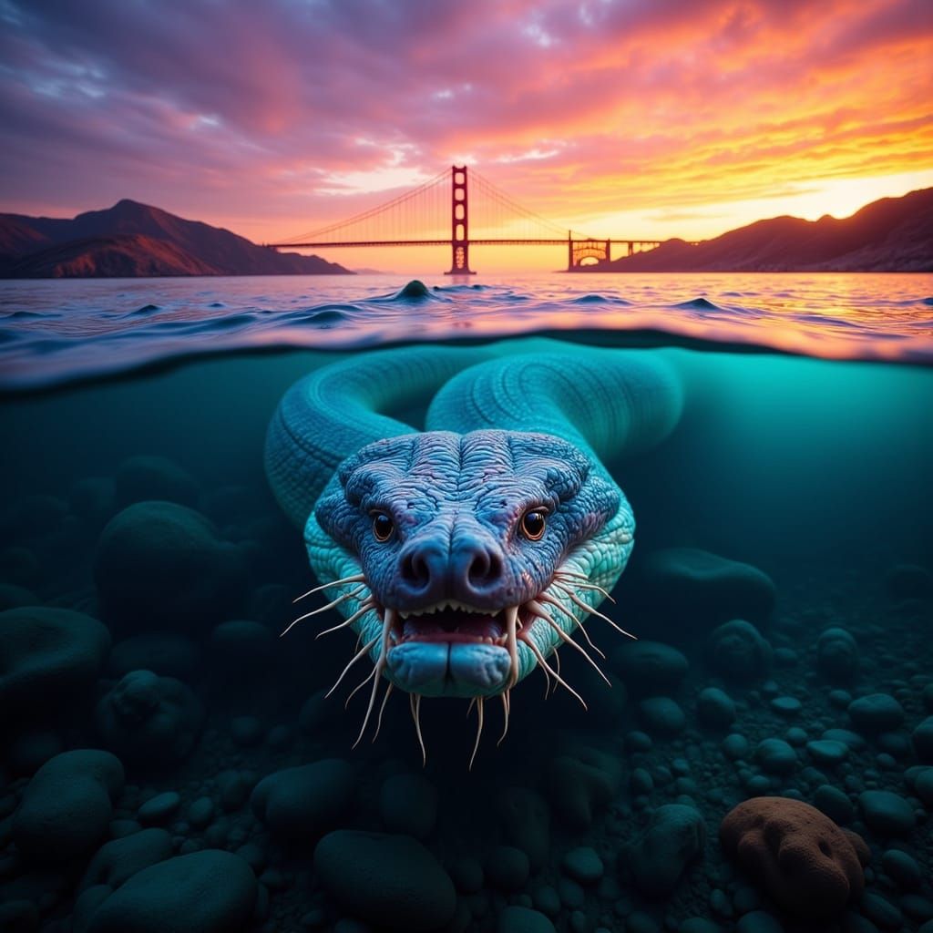 Sea Serpent Approaches Bay Bridge at Vibrant Sunrise