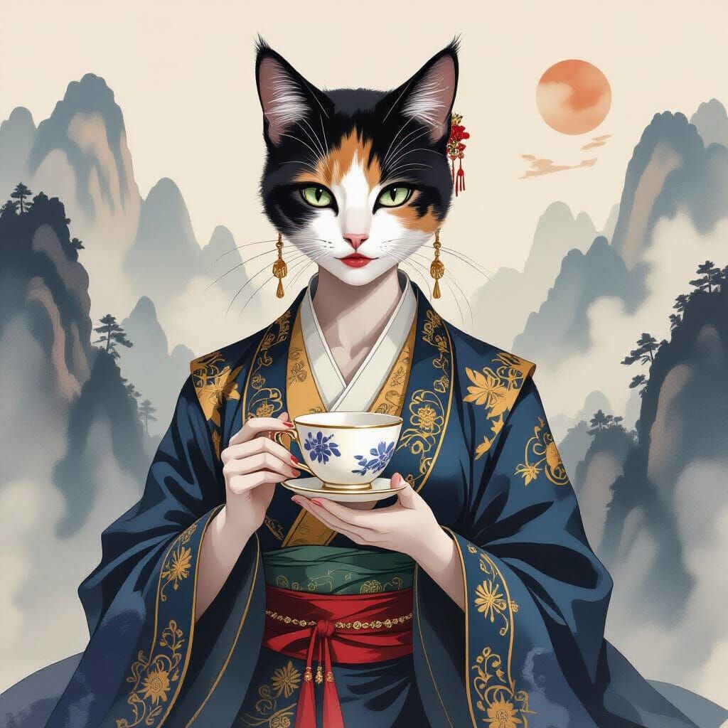 Calico Cat Noblewoman in Traditional Chinese Robes