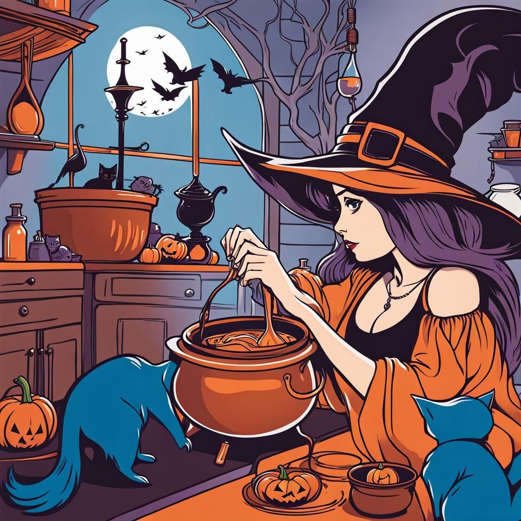 A girl witch is stirring a potion in her cauldron