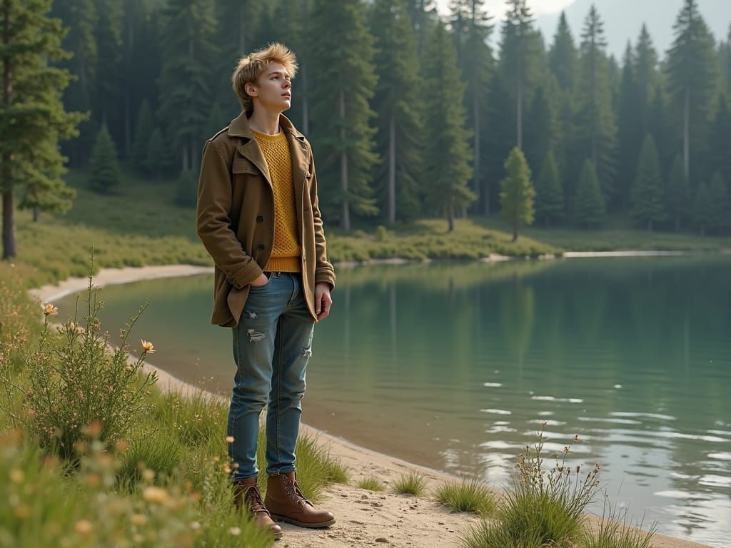 A Young Man's Whimsical Serenade by a Serene Lake