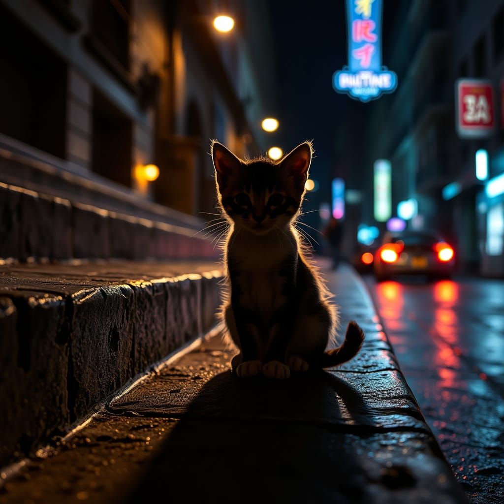 Silhouetted Kitten on Urban Staircase at Night