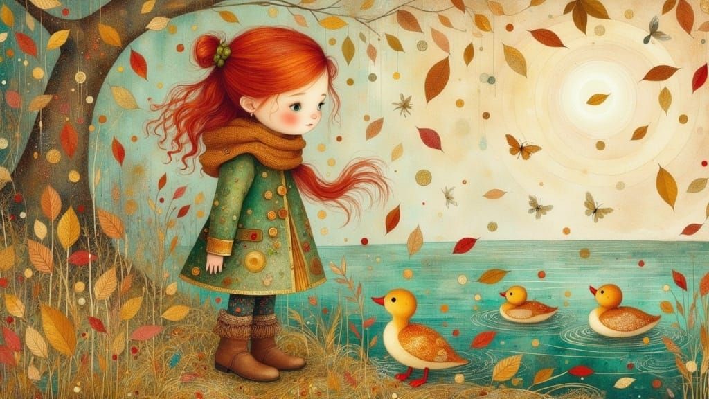 Whimsical Red-Haired Girl Amidst Nature's Serenity in Earthy...