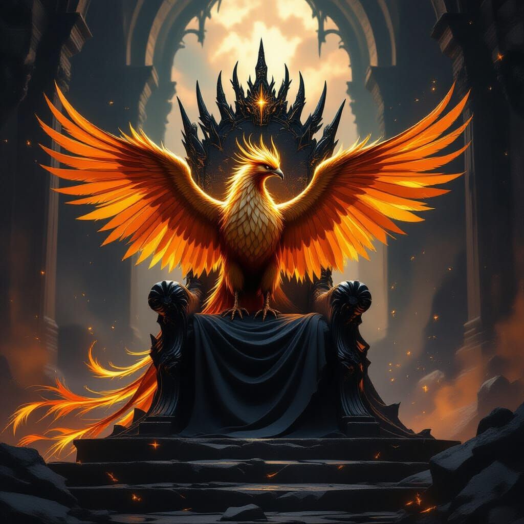 Regal Phoenix on Obsidian Throne in Dark Fantasy Style