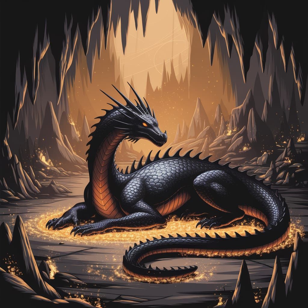 Ethereal Black Dragon in a Treasure-Filled Cavern