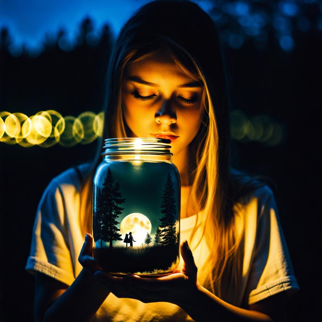 Ethereal Double Exposure: Girl and Moon Jar